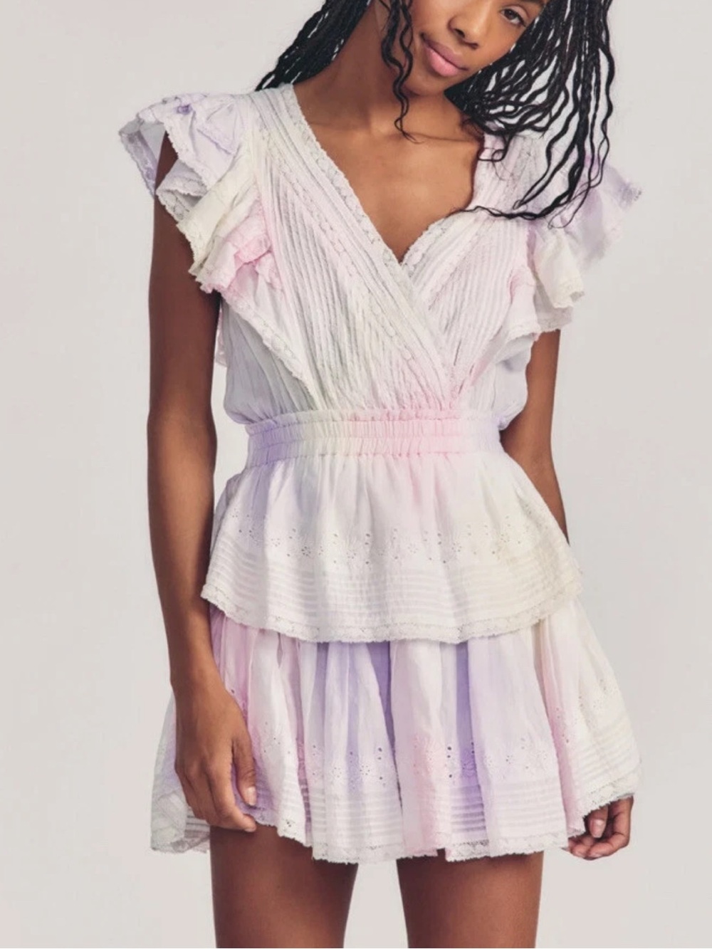 Love shack fancy tie dye Gwen mini dress eyelet detail ruffles size XS